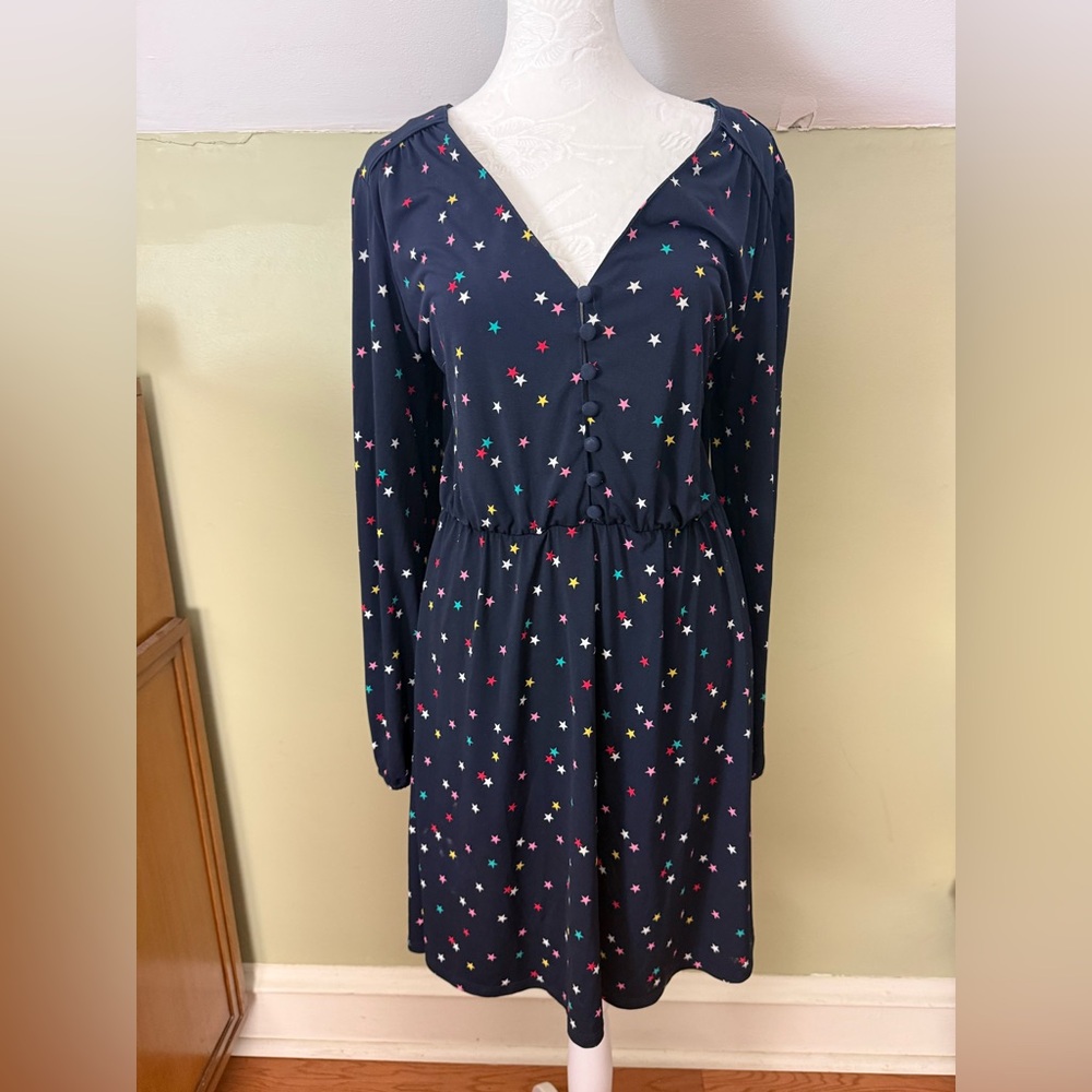 Oasis Star Print Long Sleeve Flowy Button Front Midi Lightweight Midi Dress